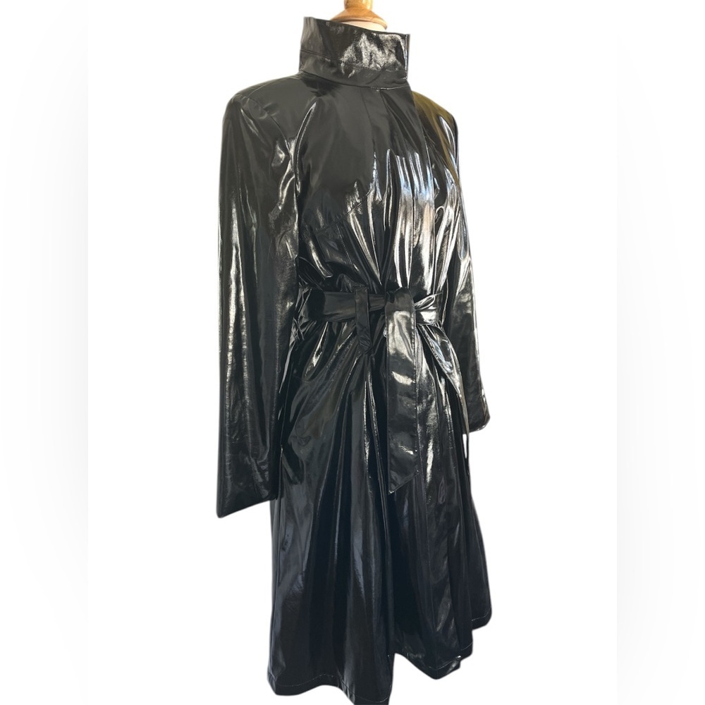 Calvin Klein Black High Shine Patent Faux Leather Trench Coat w/pockets Size M - Picture 4 of 17